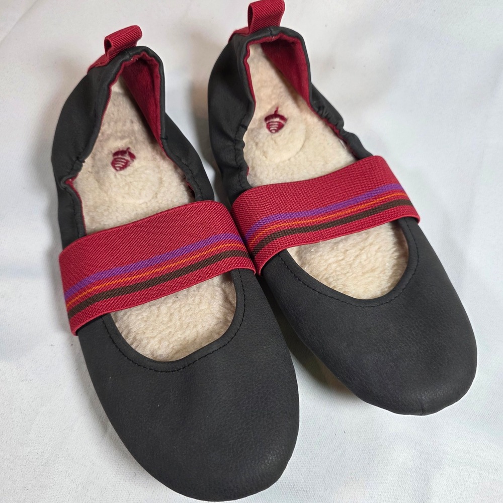 Acorn Via Mary Jane Ballet Slippers Womens 9 Grey Red Striped Strap Fleece
